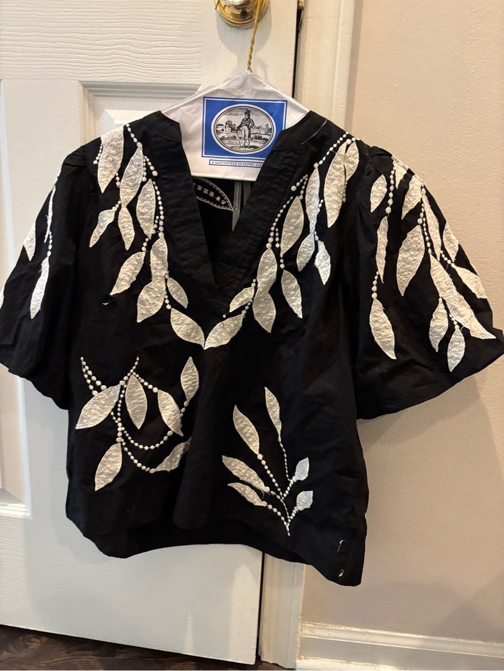 Anthropologie Embroidered V-Neck Women’s Top with White Leaf Motif PS